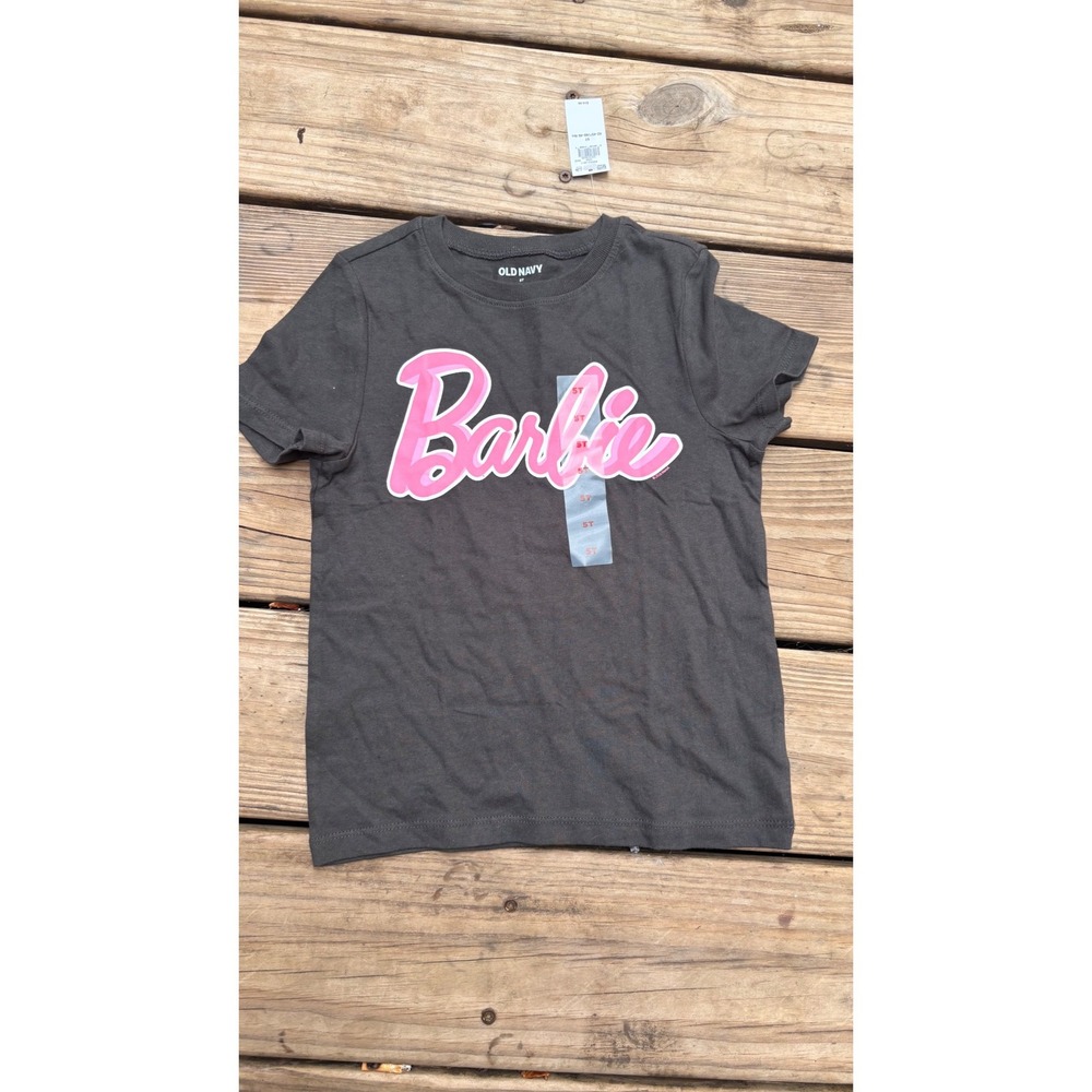 Old Navy Girls Barbie Logo Graphic T-Shirt Charcoal Gray Pink Script Size 5T NWT